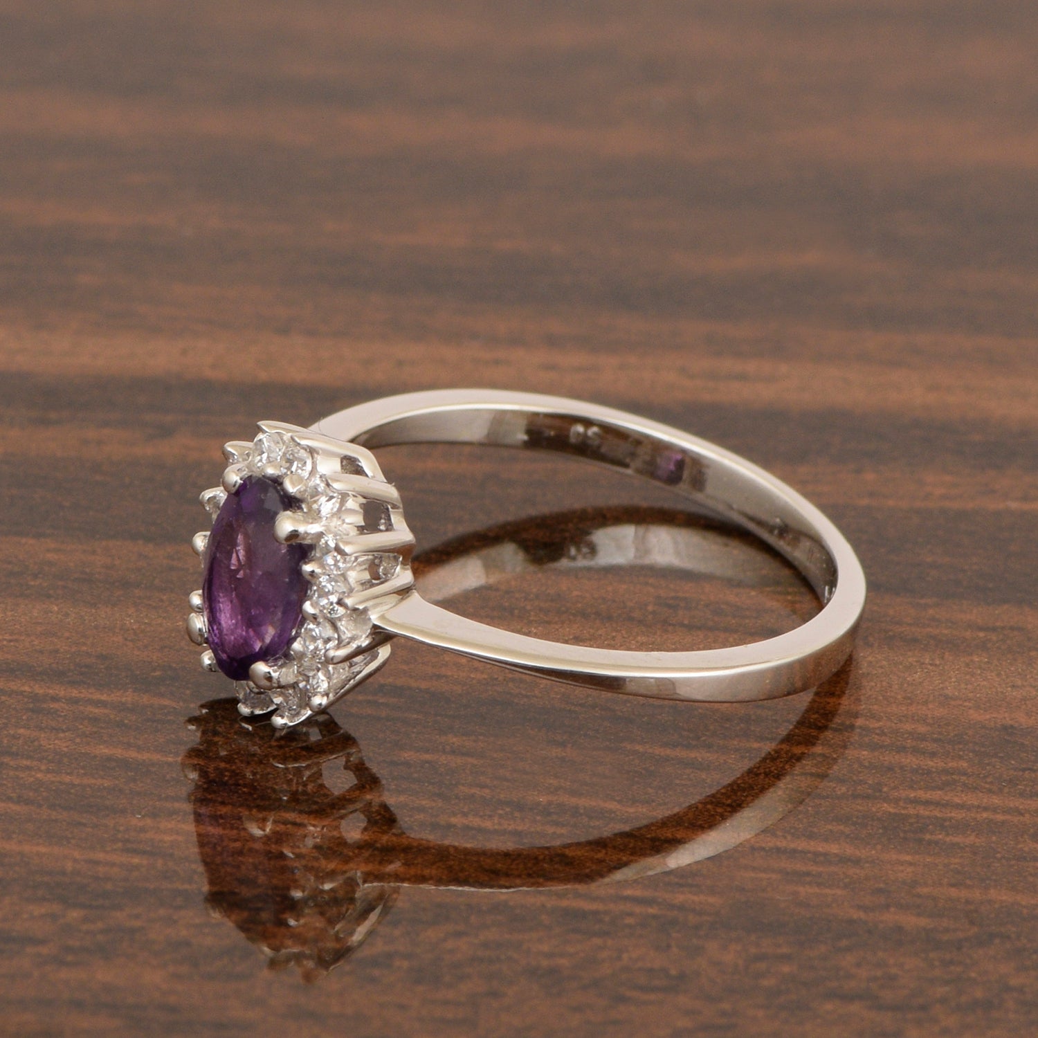 925 Sterling Silver 7x5mm Oval Amethyst with White Topaz Accent Stones Halo Ring - Kimaya INC