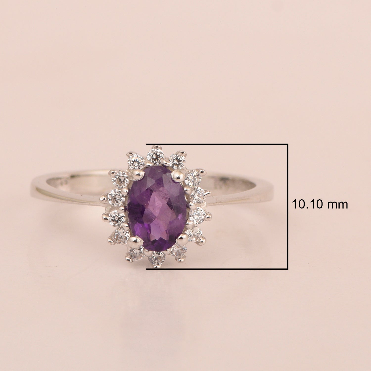 925 Sterling Silver 7x5mm Oval Amethyst with White Topaz Accent Stones Halo Ring - Kimaya INC