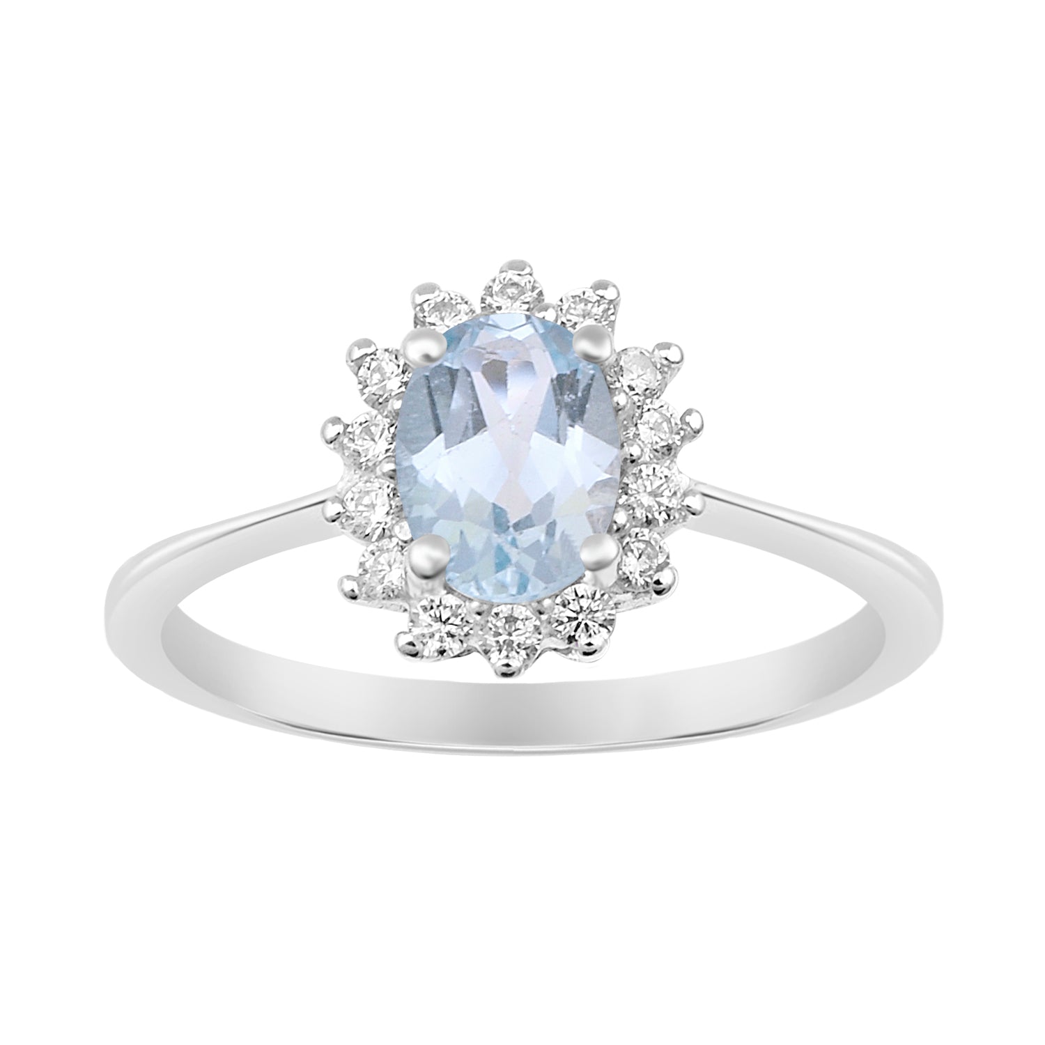925 Sterling Silver 7x5mm Oval Aquamarine with White Topaz Accent Stones Halo Ring - Kimaya INC