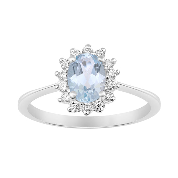 925 Sterling Silver 7x5mm Oval Aquamarine with White Topaz Accent Stones Halo Ring - Kimaya INC