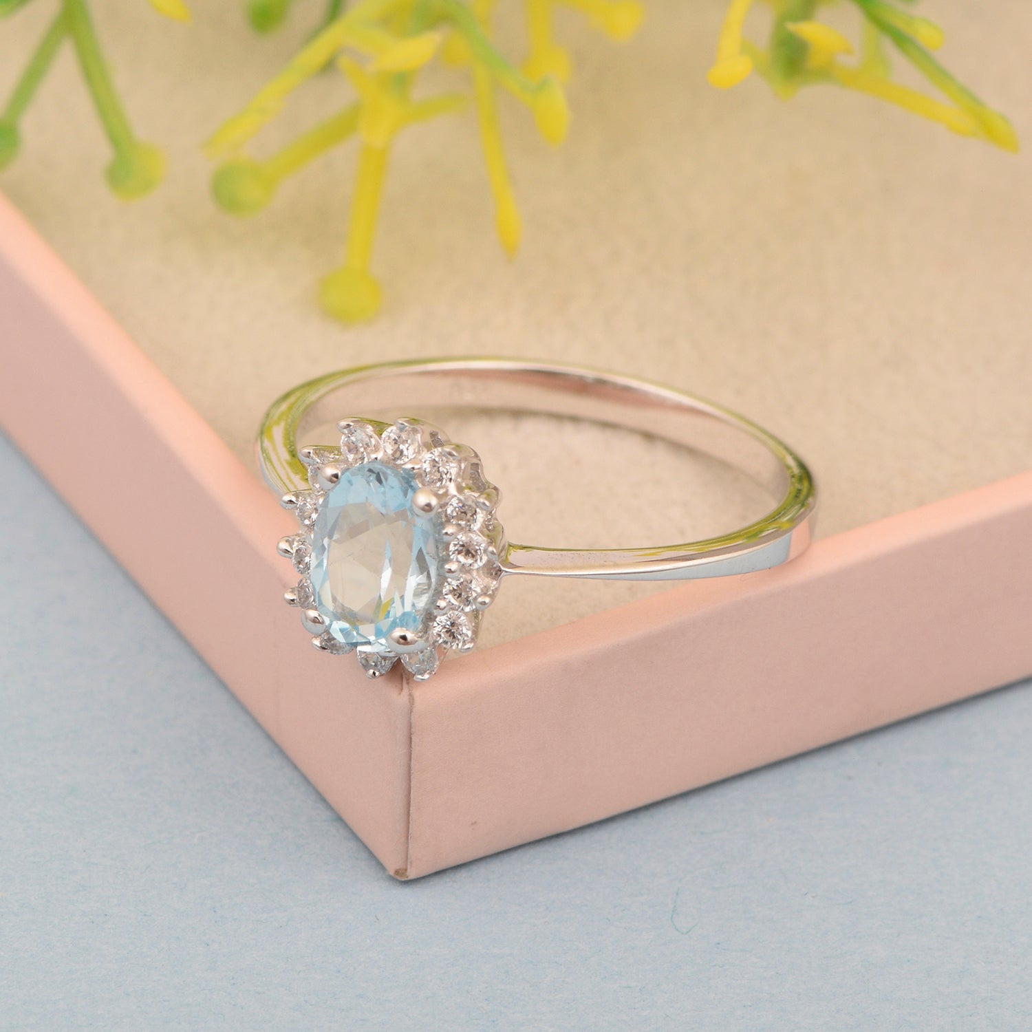 925 Sterling Silver 7x5mm Oval Aquamarine with White Topaz Accent Stones Halo Ring - Kimaya INC