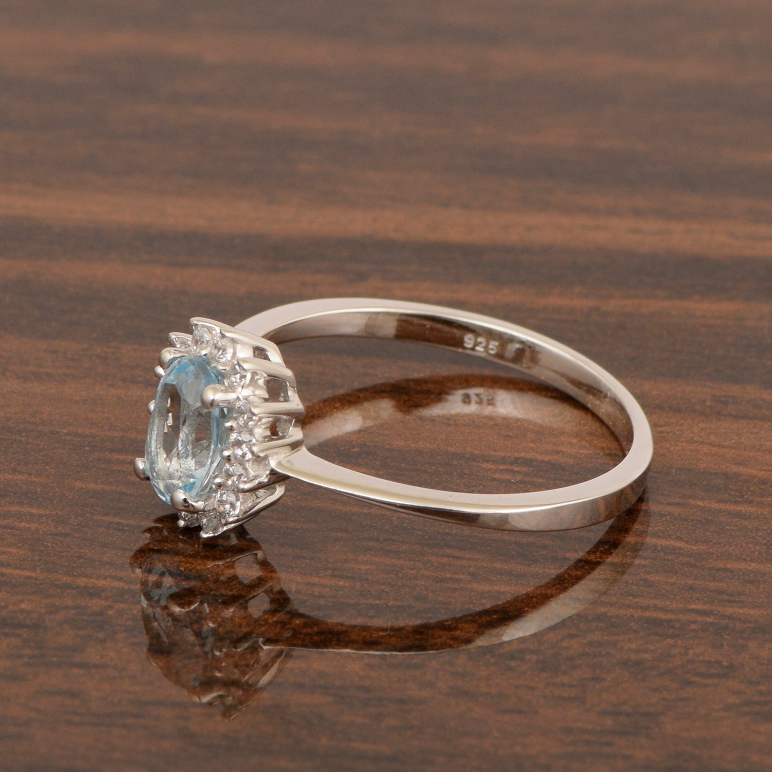 925 Sterling Silver 7x5mm Oval Aquamarine with White Topaz Accent Stones Halo Ring - Kimaya INC
