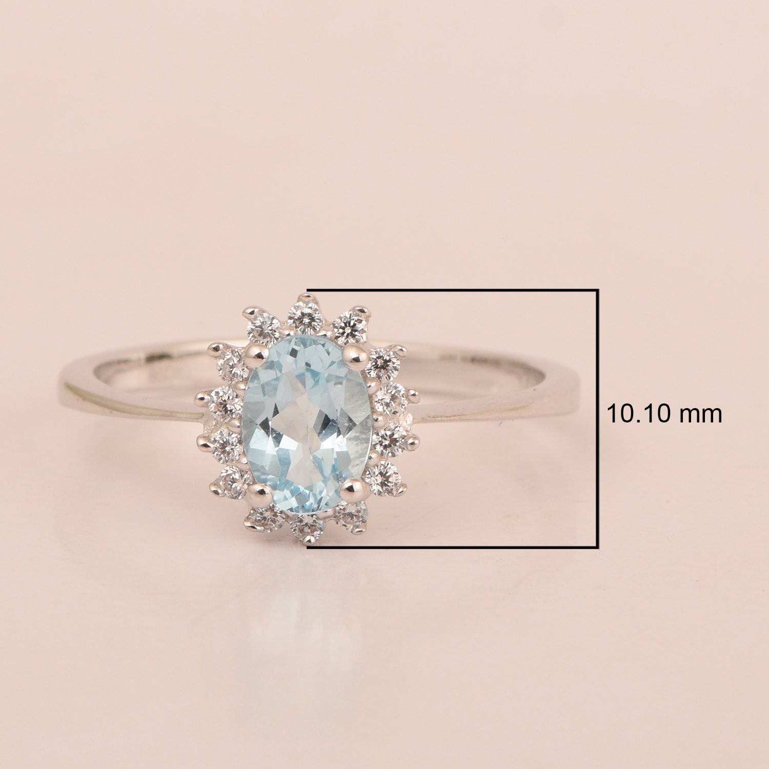 925 Sterling Silver 7x5mm Oval Aquamarine with White Topaz Accent Stones Halo Ring - Kimaya INC