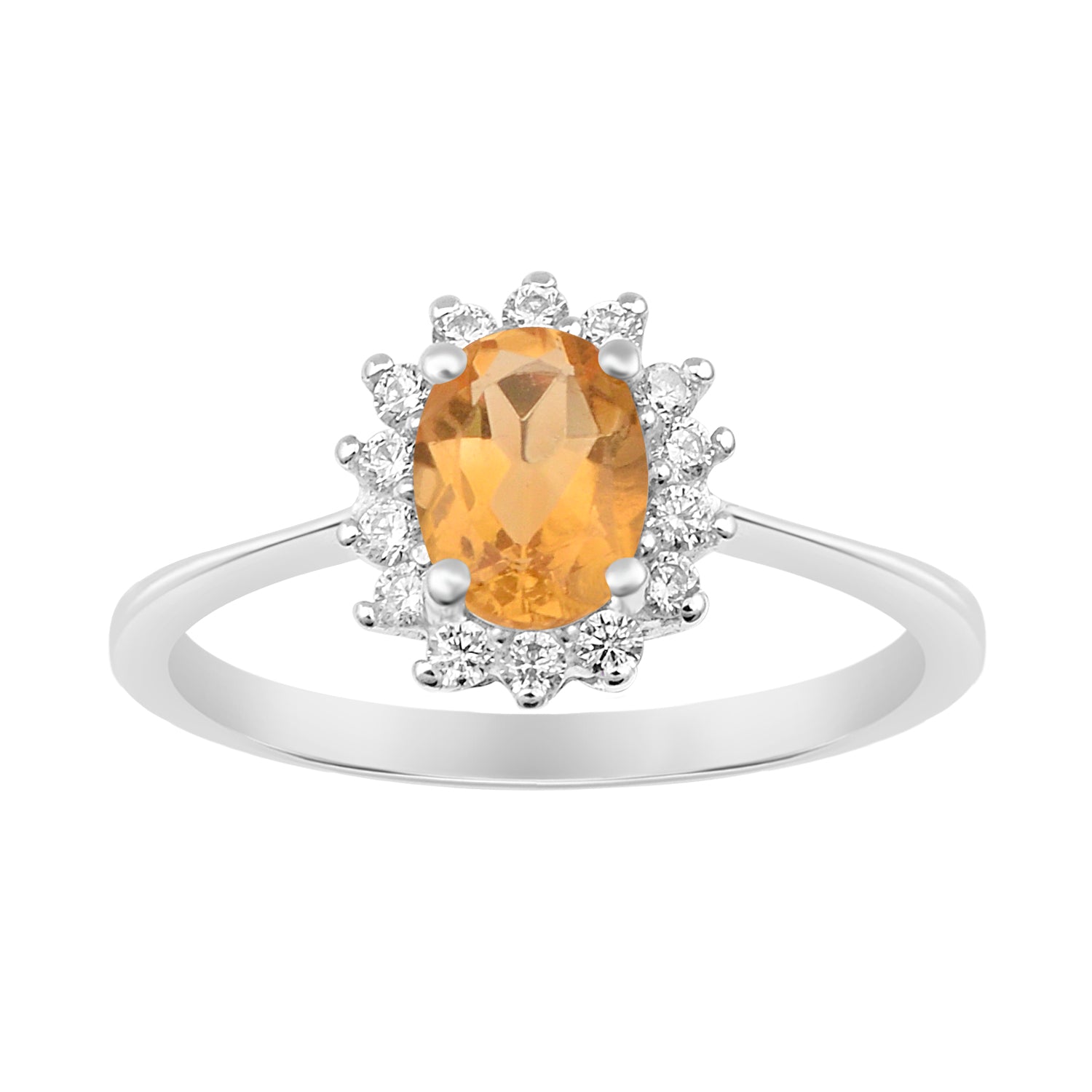925 Sterling Silver 7x5mm Oval Citrine with White Topaz Accent Stones Halo Ring - Kimaya INC