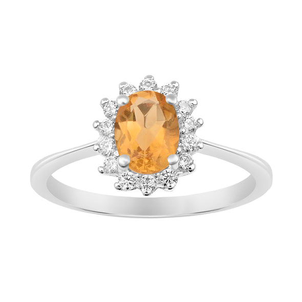 925 Sterling Silver 7x5mm Oval Citrine with White Topaz Accent Stones Halo Ring - Kimaya INC