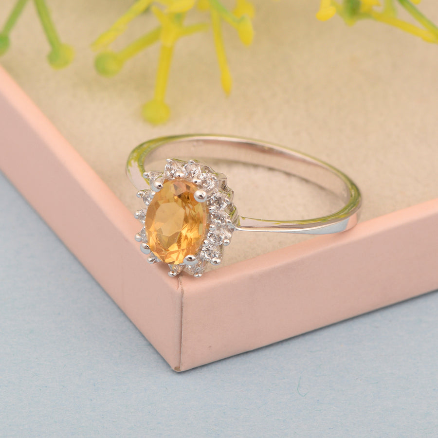 Citrine Solitaire Halo Ring- Sterling Silver