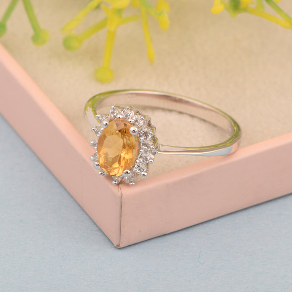 925 Sterling Silver 7x5mm Oval Citrine with White Topaz Accent Stones Halo Ring - Kimaya INC