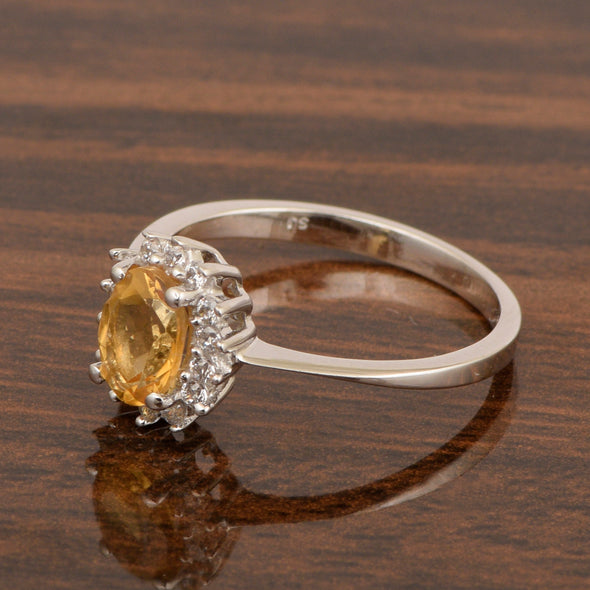 925 Sterling Silver 7x5mm Oval Citrine with White Topaz Accent Stones Halo Ring - Kimaya INC
