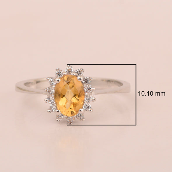 925 Sterling Silver 7x5mm Oval Citrine with White Topaz Accent Stones Halo Ring - Kimaya INC