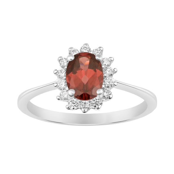 925 Sterling Silver 7x5mm Oval Garnet with White Topaz Accent Stones Halo Ring - Kimaya INC