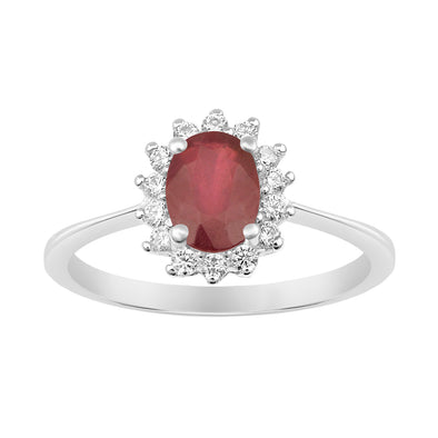 925 Sterling Silver 7x5mm Oval Ruby with White Topaz Accent Stones Halo Ring - Kimaya INC
