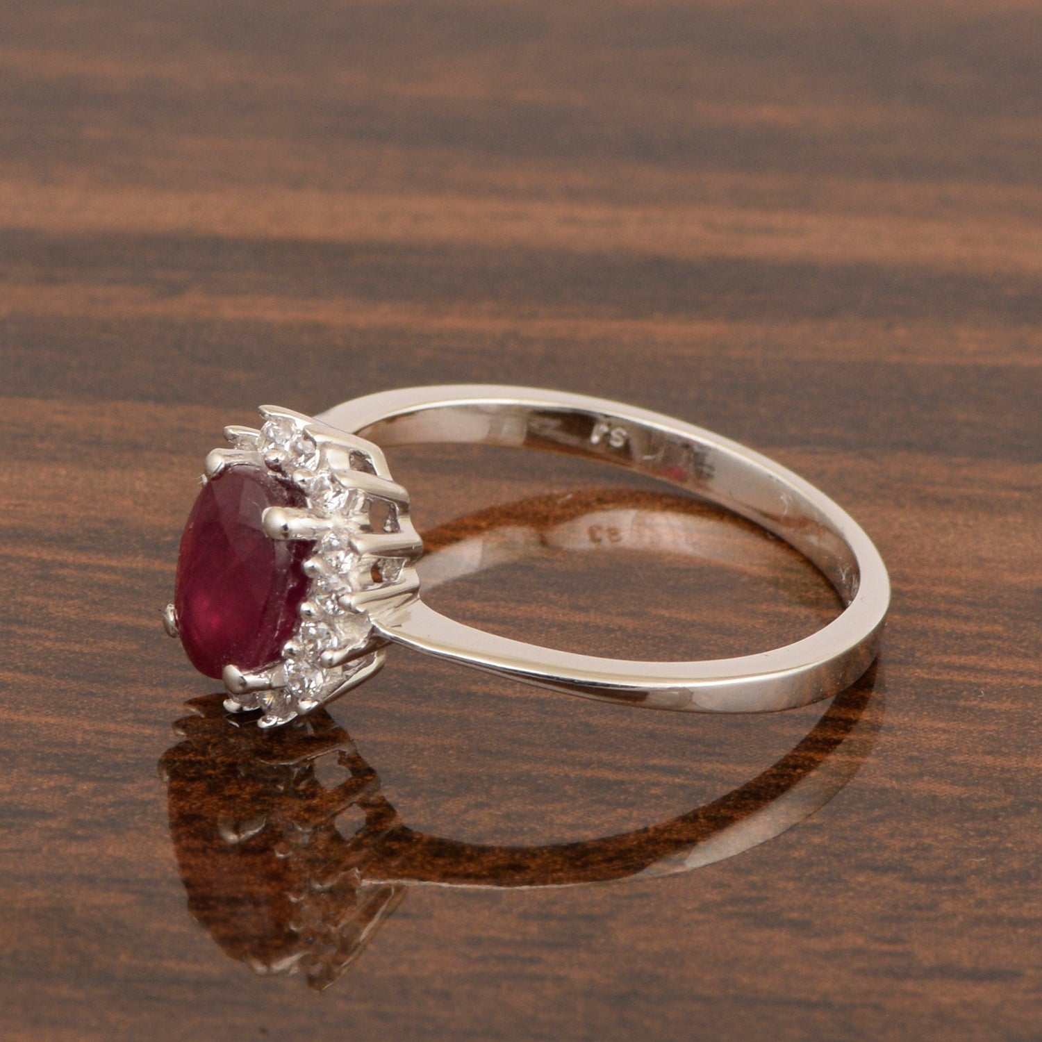 925 Sterling Silver 7x5mm Oval Ruby with White Topaz Accent Stones Halo Ring - Kimaya INC