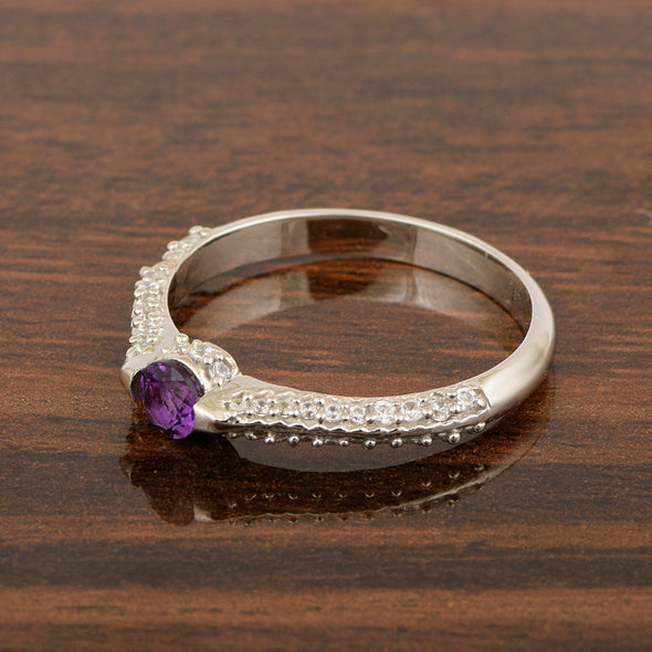 925 Sterling Silver Round 4MM Amethyst White Accents Promise Ring - Kimaya INC