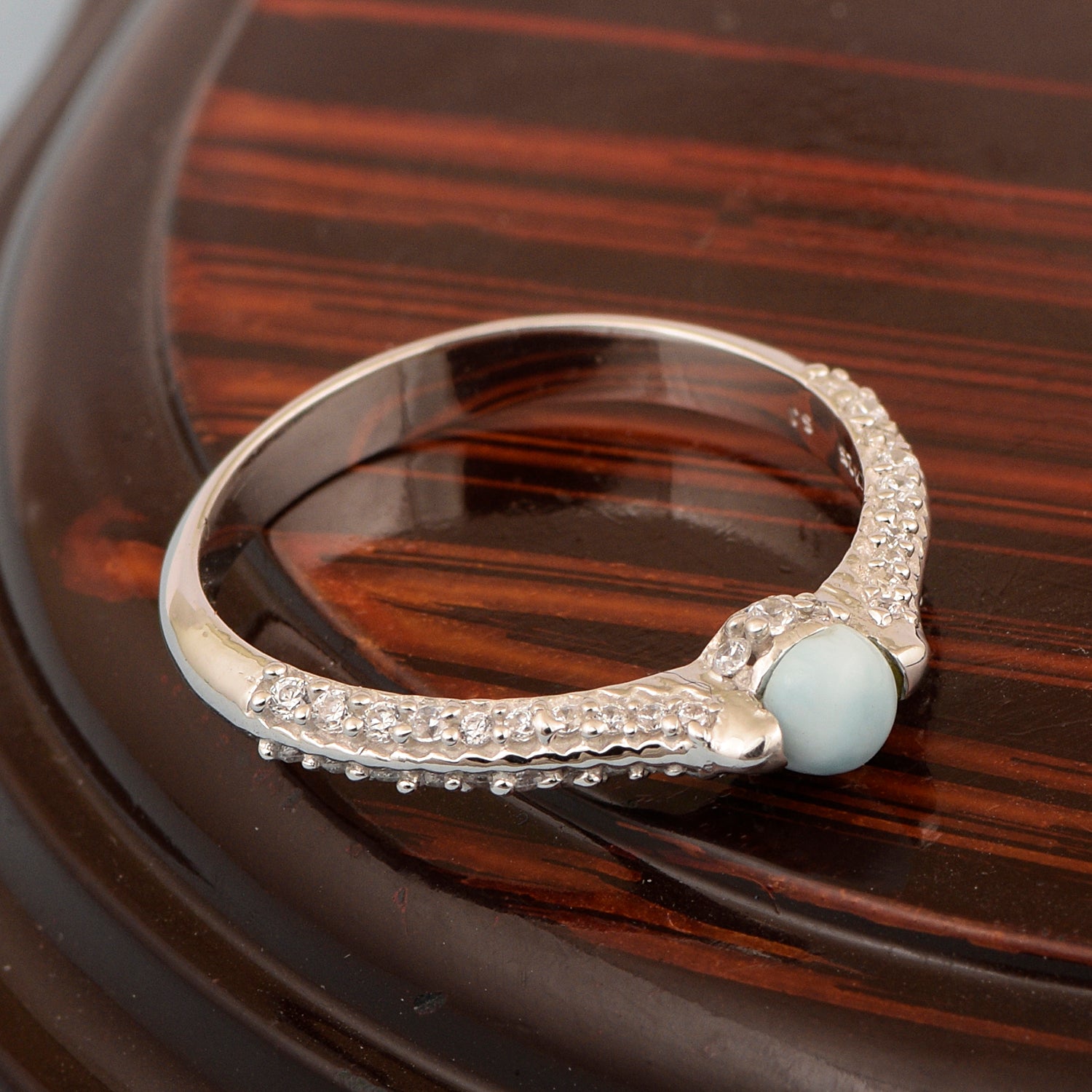 Solid 925 Sterling Silver Round 4MM Larimar White Accents Women Love Ring - Kimaya INC