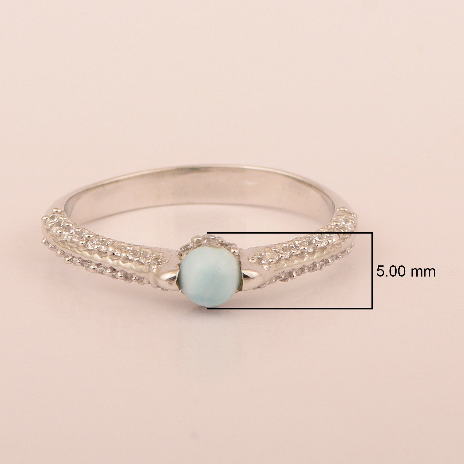 Solid 925 Sterling Silver Round 4MM Larimar White Accents Women Love Ring - Kimaya INC