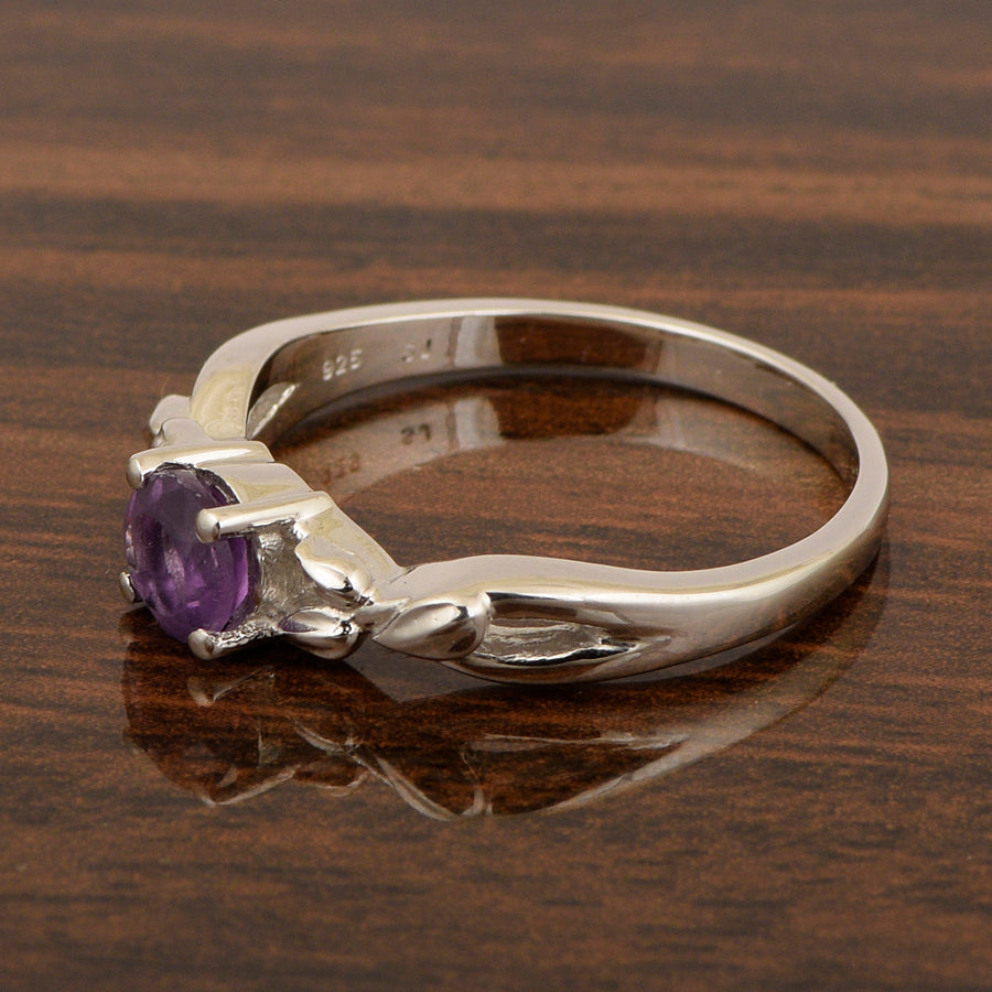 Amethyst Nature-Inspired Leaf Design Ring- Sterling Silver