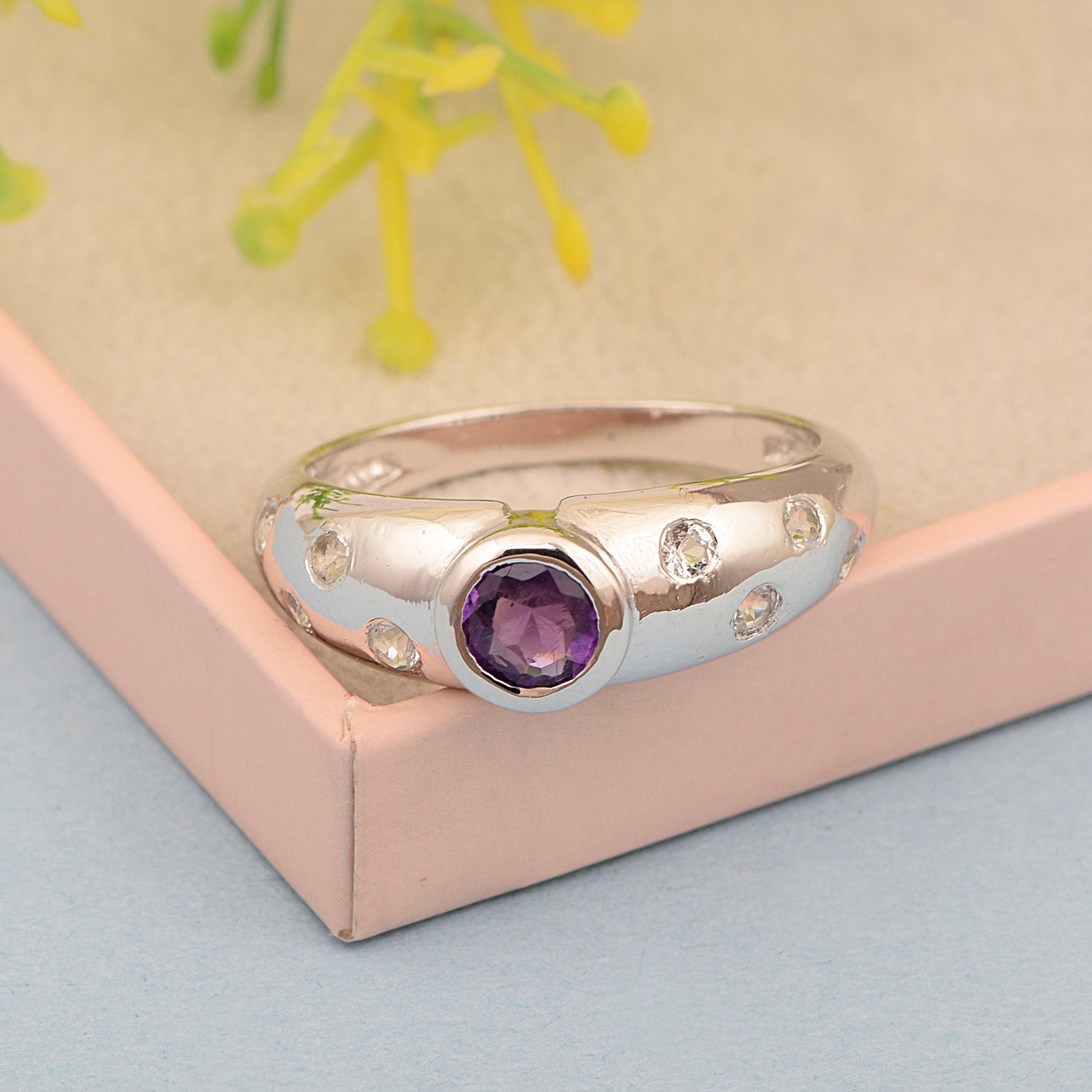 925 Sterling Silver Round 5mm Amethyst Women Promise Ring - Kimaya INC