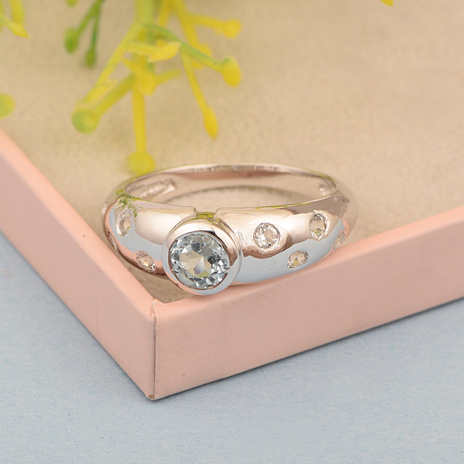 925 Sterling Silver Round 5mm Aquamarine Women Promise Ring - Kimaya INC