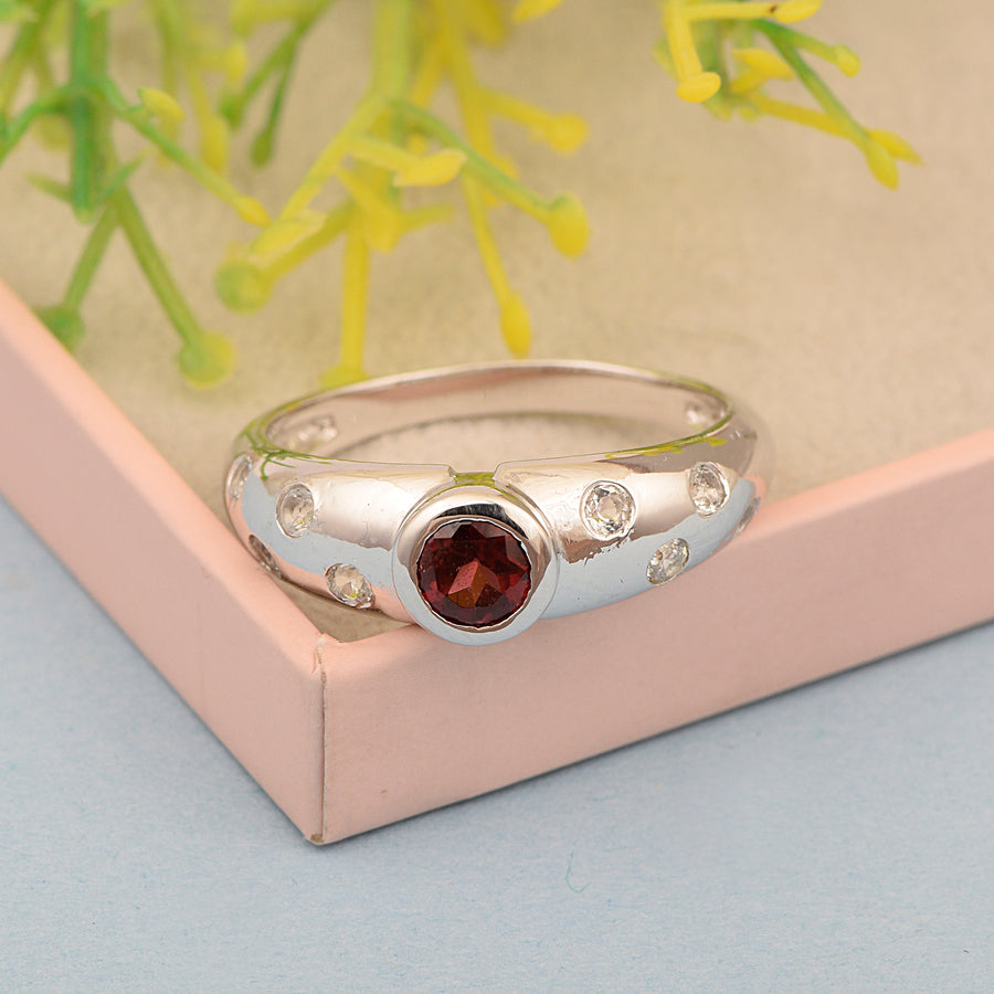 Garnet Dome Design Ring - Sterling Silver