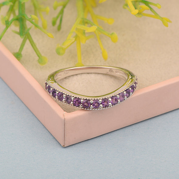 925 Sterling Silver Curve Band Round 0.75 Ctw Amethyst Stacking Ring - Kimaya INC