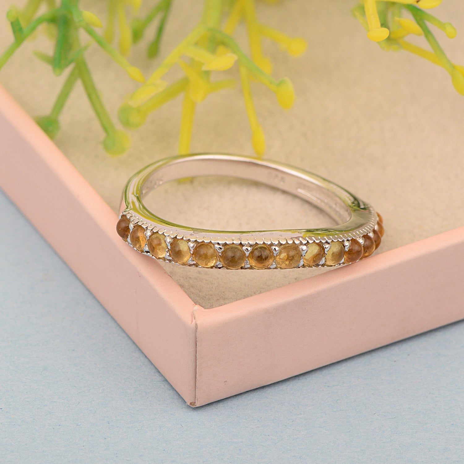 925 Sterling Silver Curve Band Round 0.75 Ctw Citrine Stacking Ring - Kimaya INC