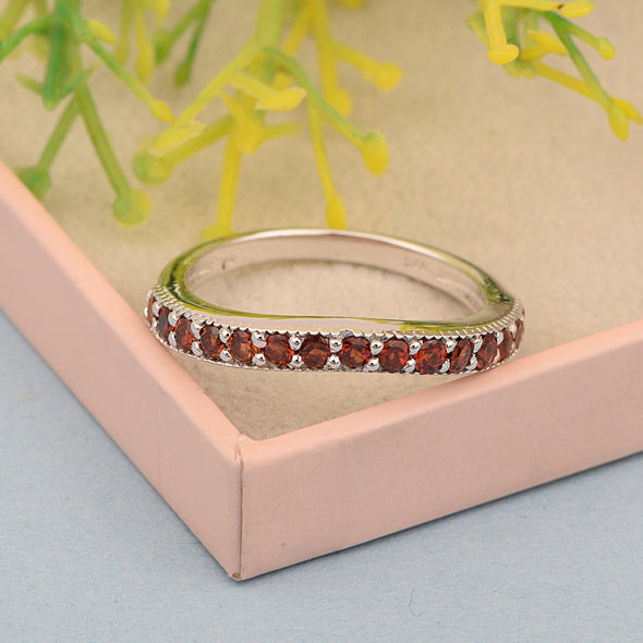925 Sterling Silver Curve Band Round 0.75 Ctw Garnet Stacking Ring - Kimaya INC