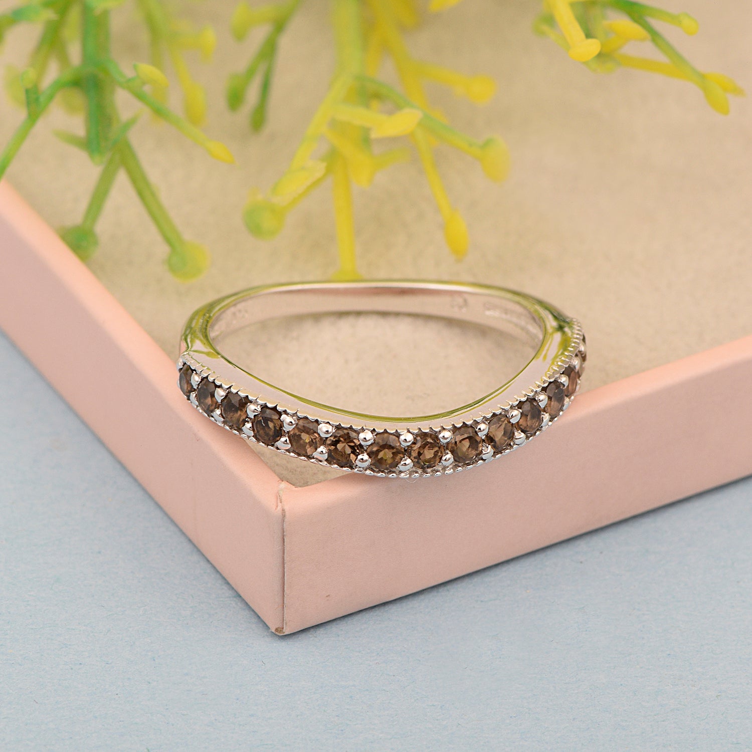 925 Sterling Silver Curve Band Round 0.75 Ctw Smoky Quartz Stacking Ring - Kimaya INC
