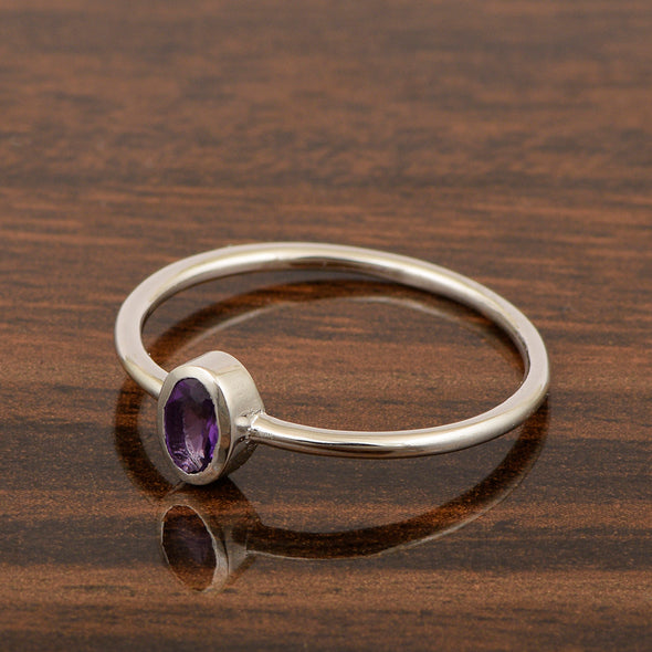 Oval Cut 5X3MM Bezel Set Amethyst 925 Sterling Silver Women Stacking Ring - Kimaya INC