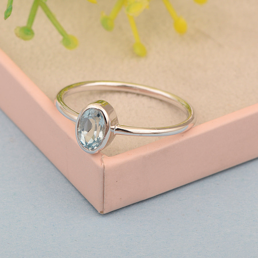 Aquamarine Bezel Set Solitaire Ring -Sterling Silver