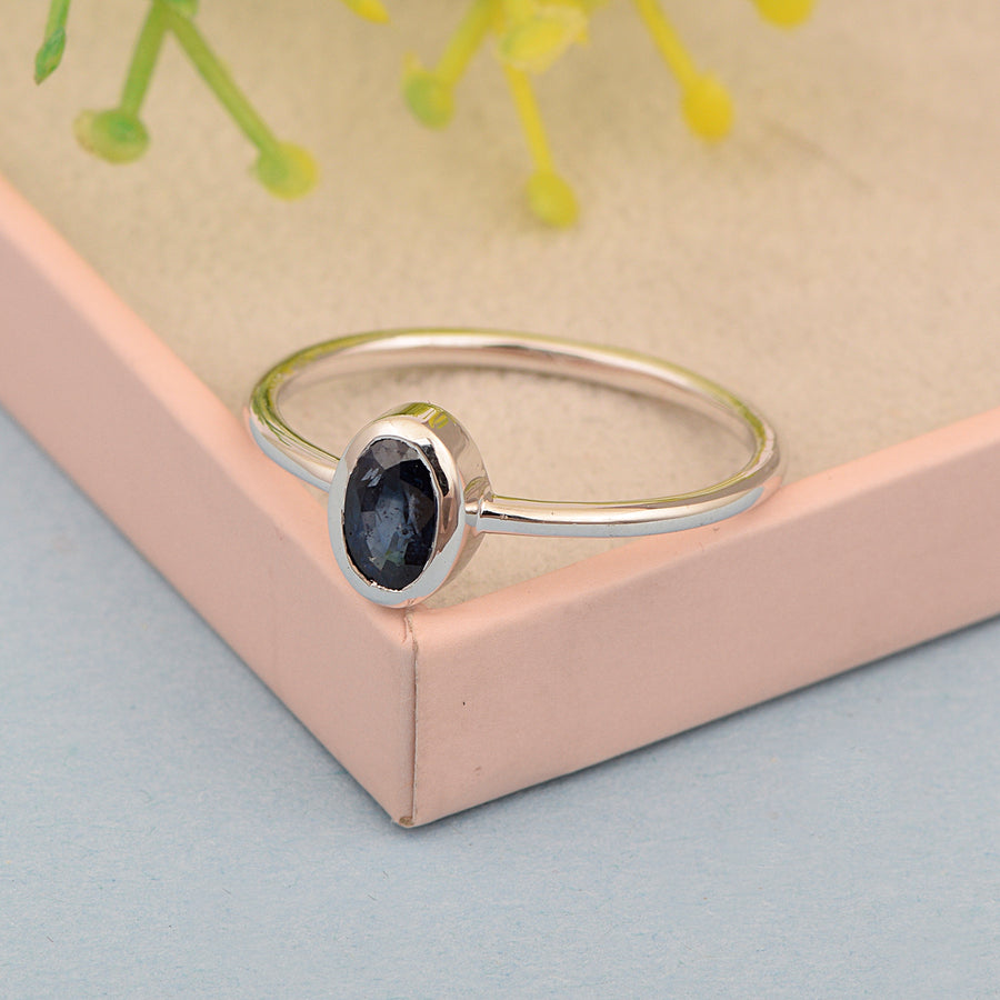 Blue Sapphire Bezel Set Solitaire Ring -Sterling Silver