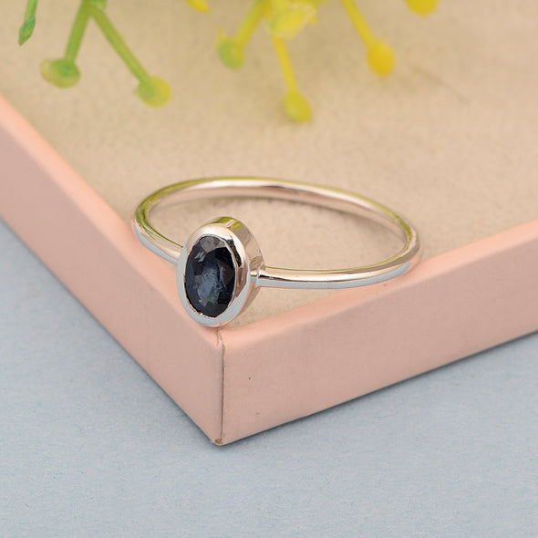 Stackable Oval 0.20 Ctw Blue Sapphire Bezel Set 925 Sterling Silver Stacking Rings - Kimaya INC