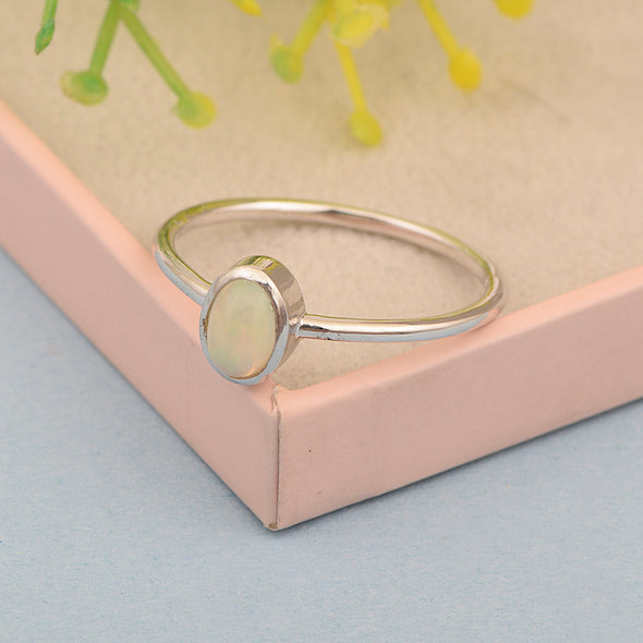 Stackable Oval 0.20 Ctw Opal Bezel Set 925 Sterling Silver Stacking Rings - Kimaya INC