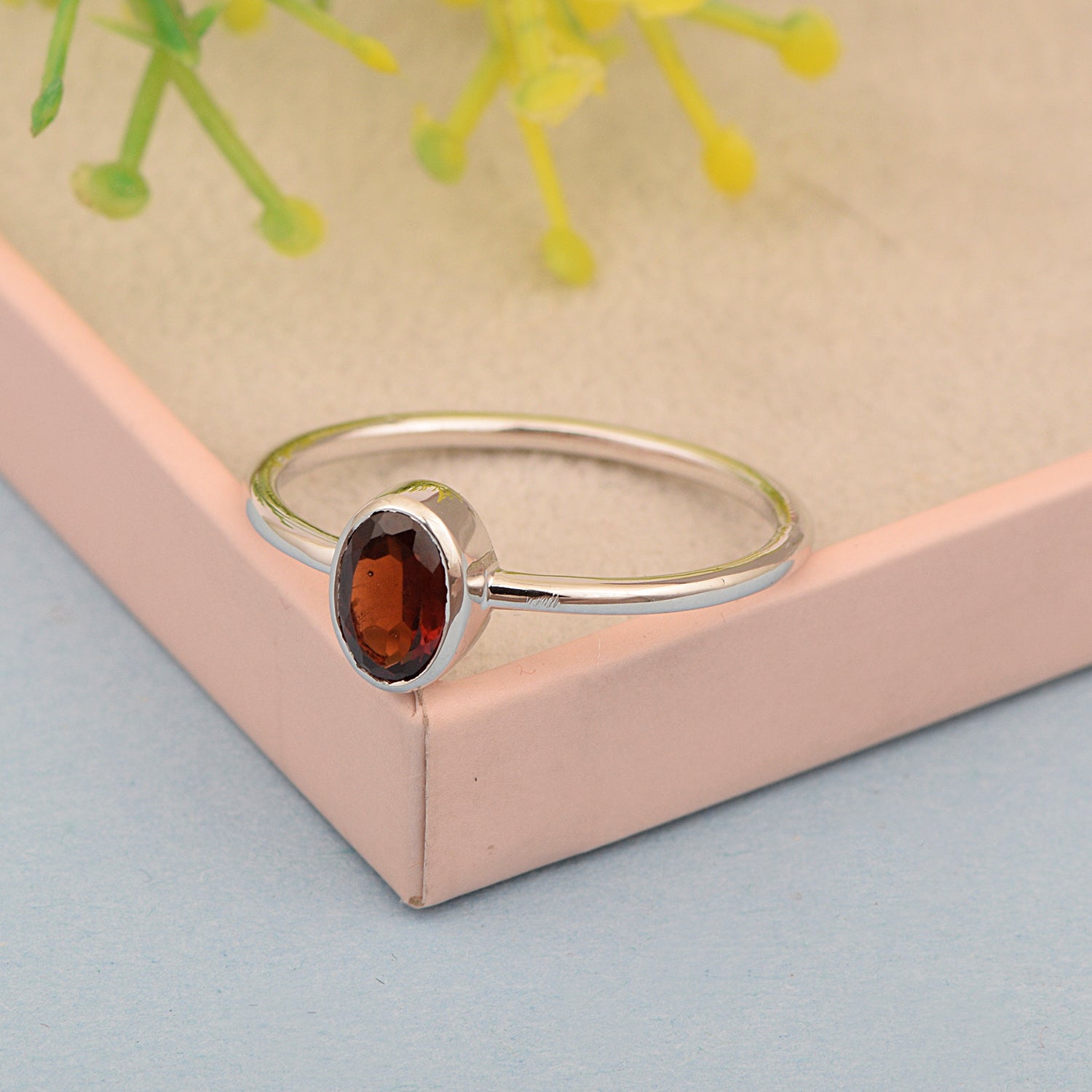 Stackable Oval 0.20 Ctw Garnet Bezel Set 925 Sterling Silver Stacking Rings - Kimaya INC