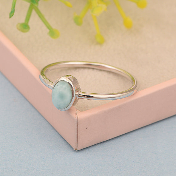Stackable Oval 0.20 Ctw Larimar Bezel Set 925 Sterling Silver Stacking Rings - Kimaya INC