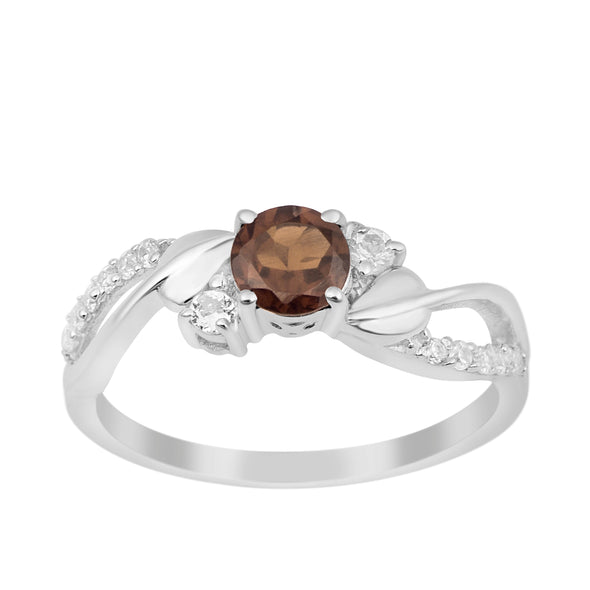 Sterling Silver Round 5mm Smoky Quartz Bypass Shank Women Wedding Ring - Kimaya INC