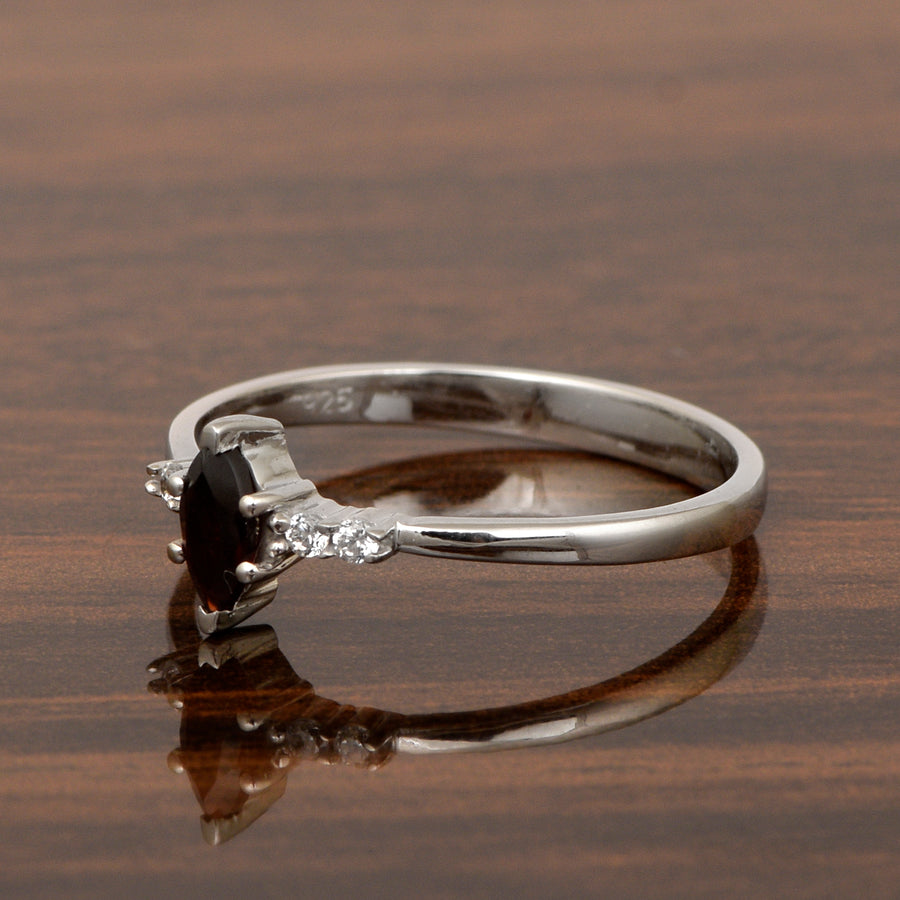 Garnet Marquise Solitaire Accents Ring - Sterling Silver