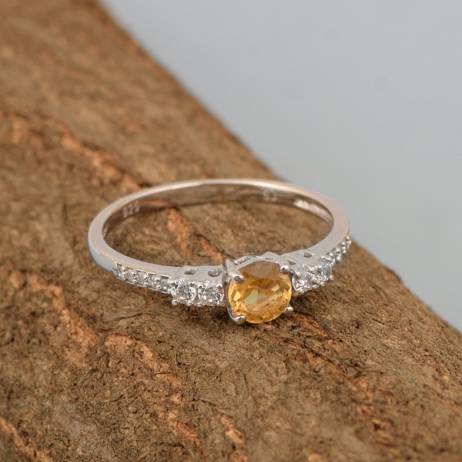 Round 5 MM Citrine Gemstone 925 Sterling Silver Women Engagement Ring - Kimaya INC