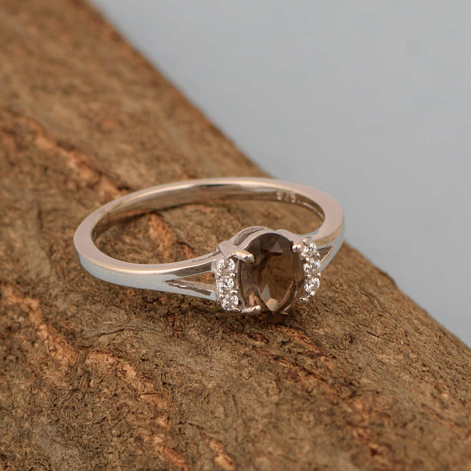 0.65 Ctw Oval Smoky Quartz 925 Sterling Silver Solitaire Accents Women Wedding Ring - Kimaya INC