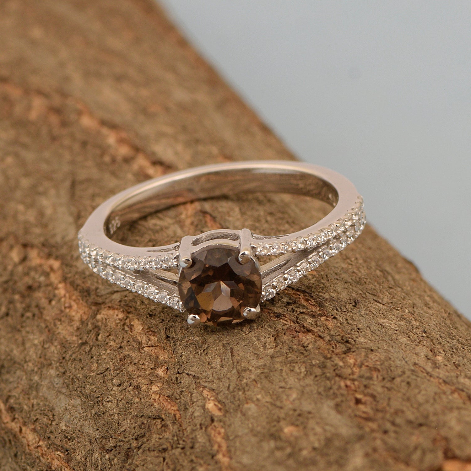 Round 0.85 Ctw Smoky Quartz Birthstone 925 Sterling Silver Cluster Women Ring - Kimaya INC