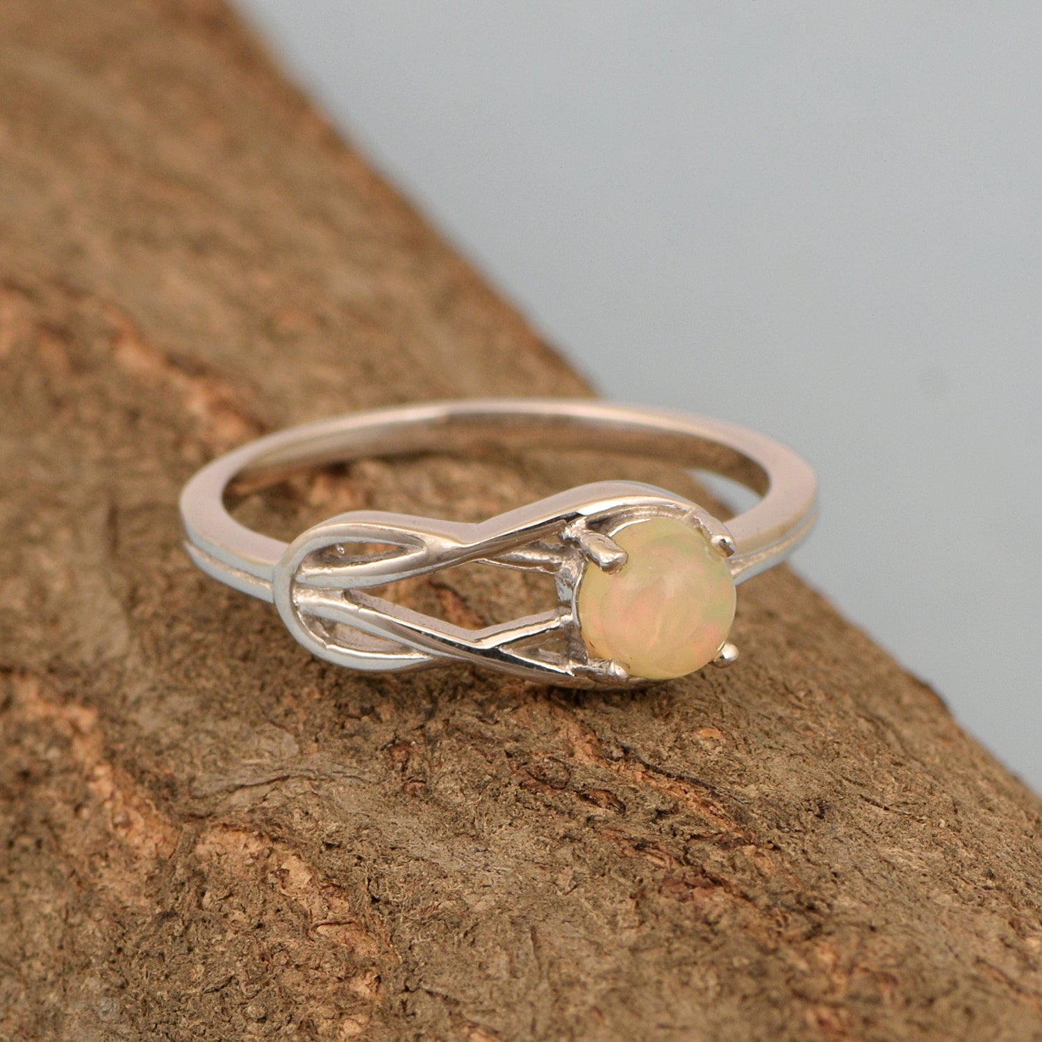 5 MM Round Opal Gemstone 925 Sterling Silver Triquetra Celtic Trinity Knot Ring - Kimaya INC