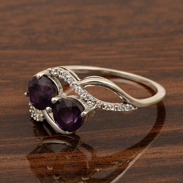 Cocktail 925 Sterling Silver Dual Round Stone 5MM Amethyst Love Ring - Kimaya INC
