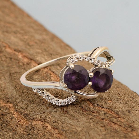 Cocktail 925 Sterling Silver Dual Round Stone 5MM Amethyst Love Ring - Kimaya INC