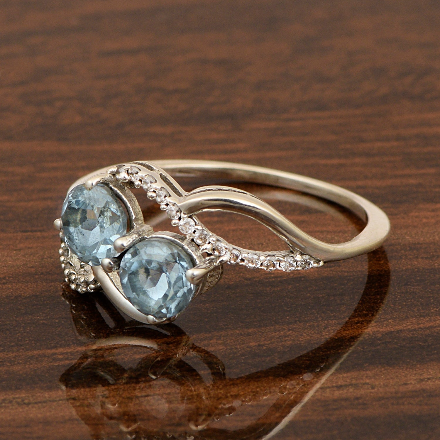 Cocktail 925 Sterling Silver Dual Round Stone 5MM Blue Topaz Love Ring - Kimaya INC