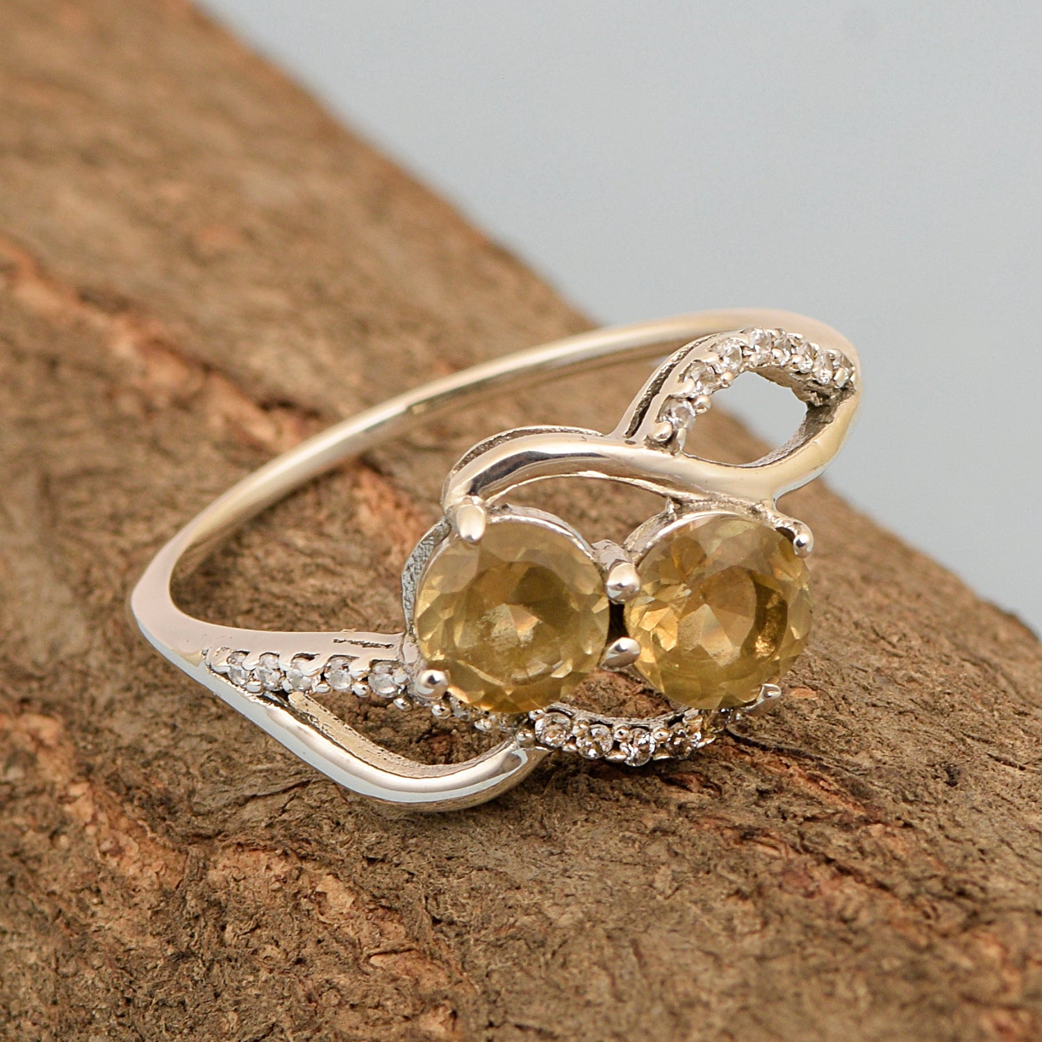 Cocktail 925 Sterling Silver Dual Round Stone 5MM Citrine Love Ring - Kimaya INC