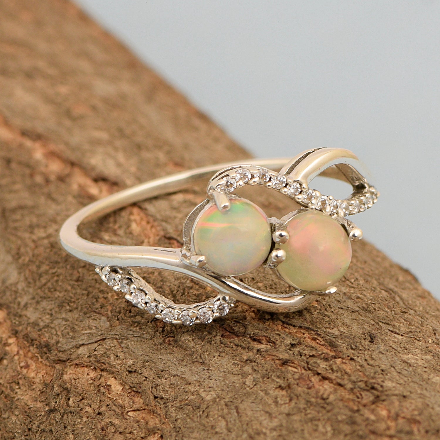 Cocktail 925 Sterling Silver Dual Round Stone 5MM Opal Love Ring - Kimaya INC
