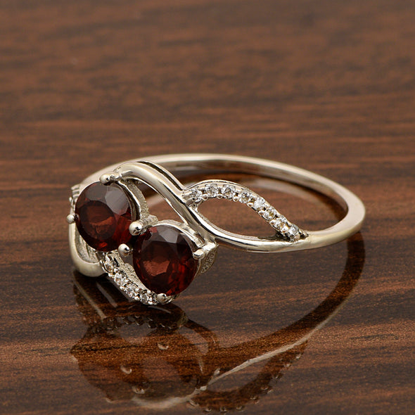 Cocktail 925 Sterling Silver Dual Round Stone 5MM Garnet Love Ring - Kimaya INC