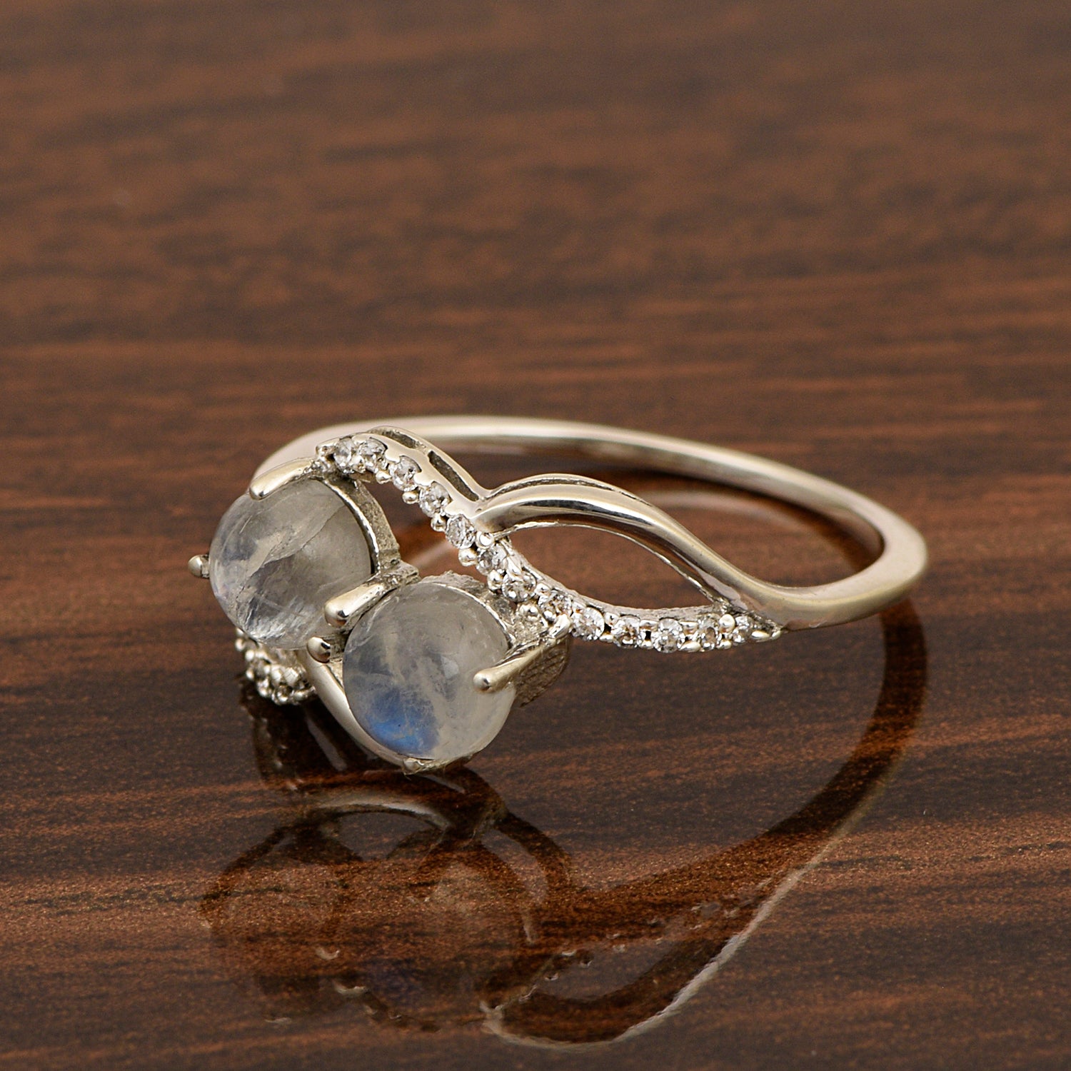 Cocktail 925 Sterling Silver Dual Round Stone 5MM Moonstone Love Ring - Kimaya INC