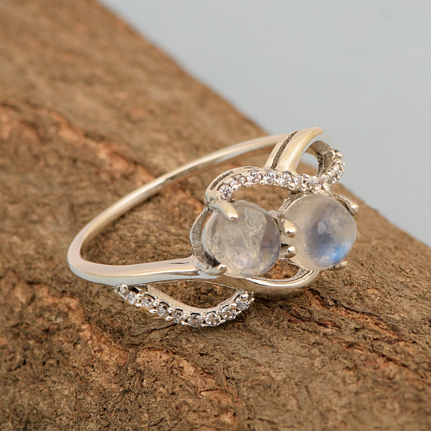 Cocktail 925 Sterling Silver Dual Round Stone 5MM Moonstone Love Ring - Kimaya INC