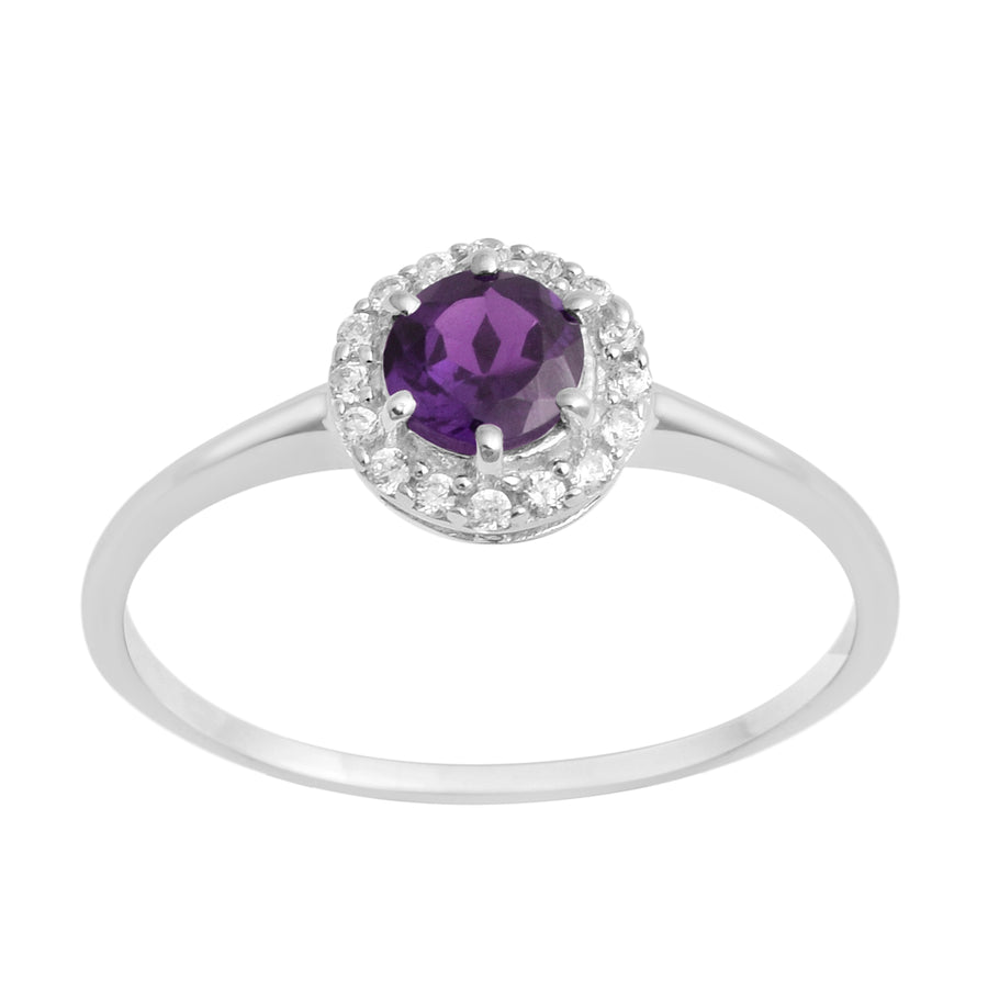 Amethyst Solitaire Halo Ring - Sterling Silver