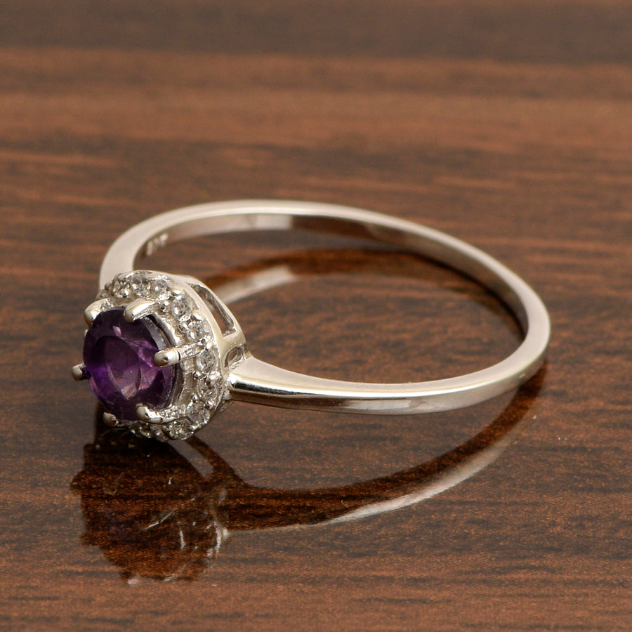Amethyst Solitaire Halo Ring - Sterling Silver